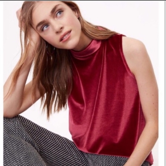Loft Red Velvet High Neck Swing Top Sz M - Picture 1 of 8